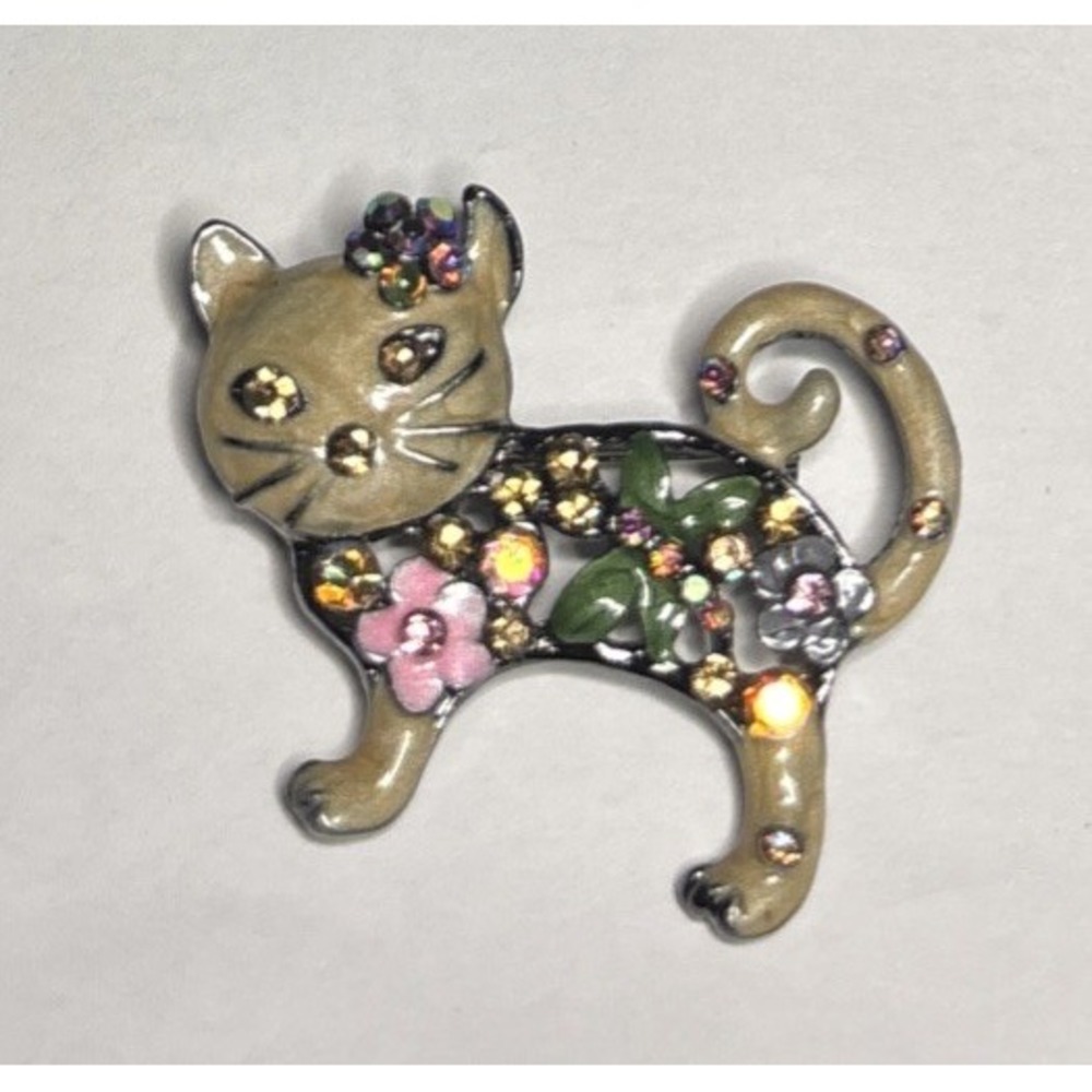 Floral Cat Brooch Rhinestone Enamel Silver Tone Kitty Pin 1.5" Whimsical